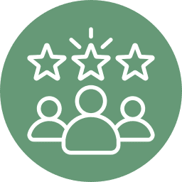 Three user icons below three outlined stars on a green background.