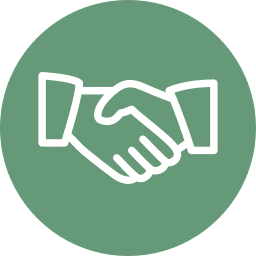 White handshake icon on a green background symbolizing agreement.