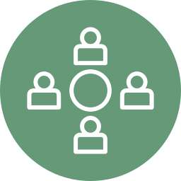 Four people icons connected around a central circle on green background.